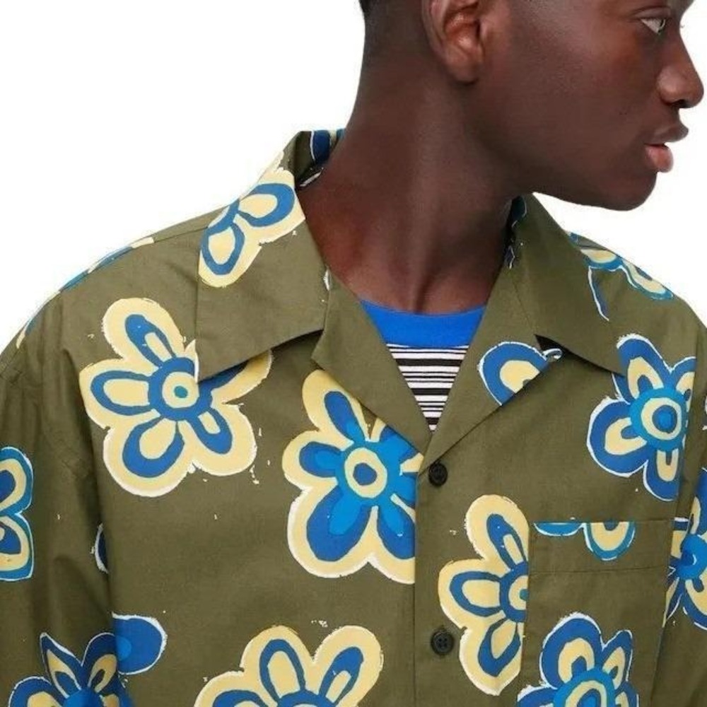 Marni Uniqlo Oversize Floral Camp Collar Short Sleeve Shirt Men L Green Cotton - Picture 7 of 12